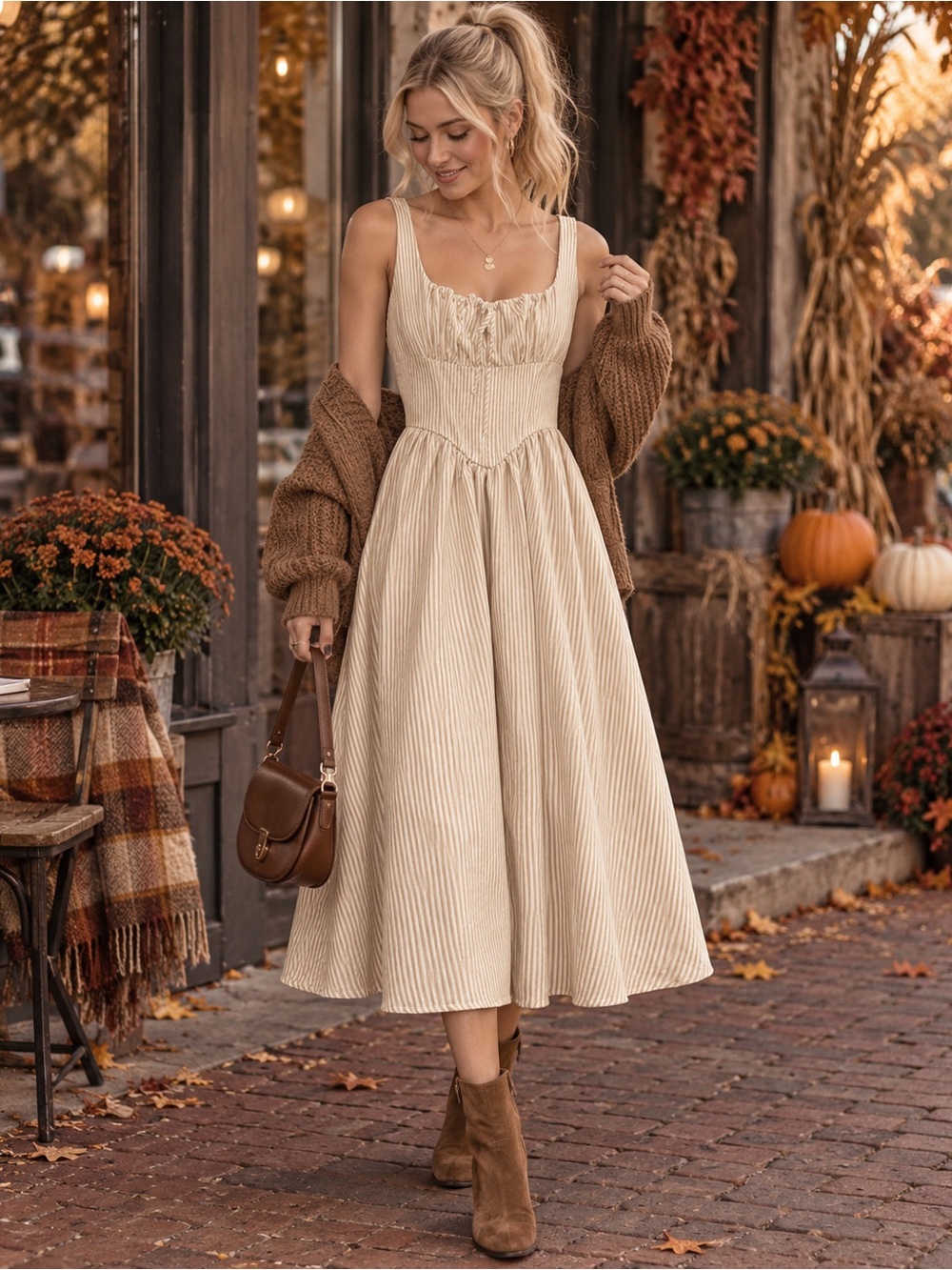 The Workshop Size S Beige Striped Smocked Back Midi Dress